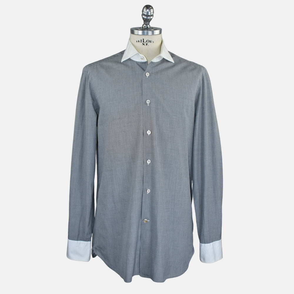 Grey Cotton Shirt with White Contrast Collar