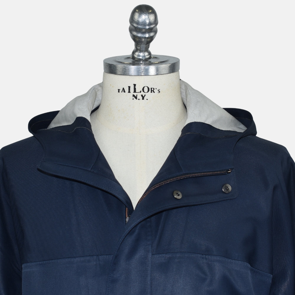 Navy Rain System Hooded Silk Jacket