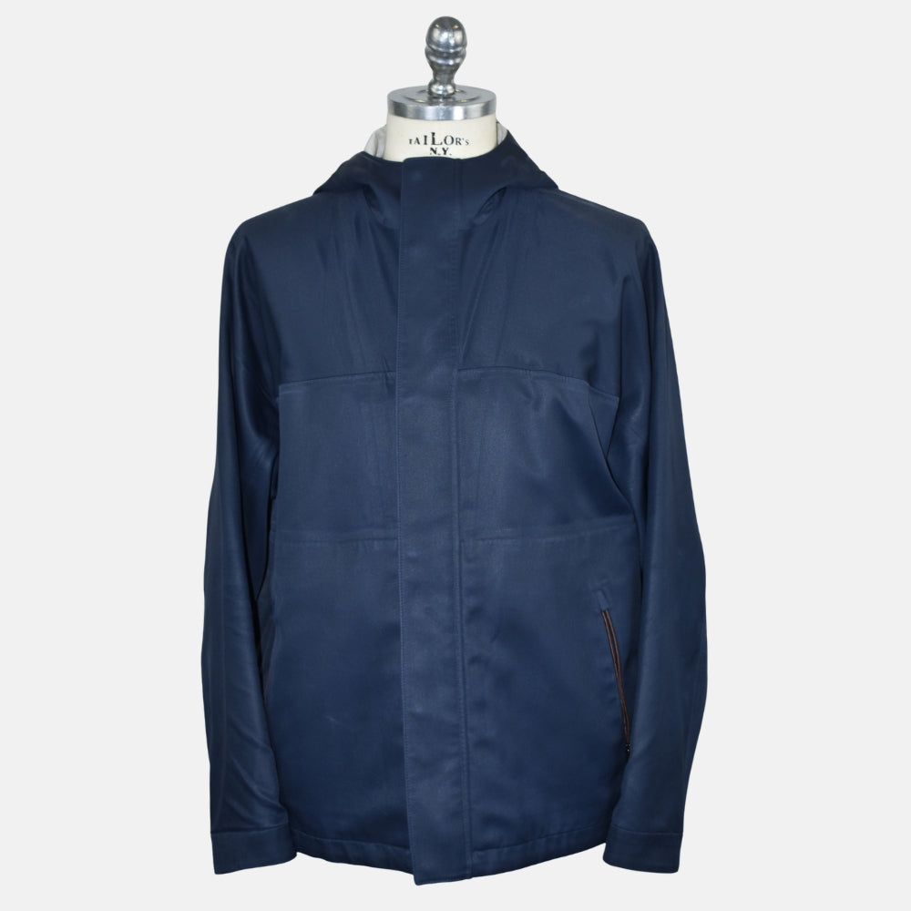 Navy Rain System Hooded Silk Jacket