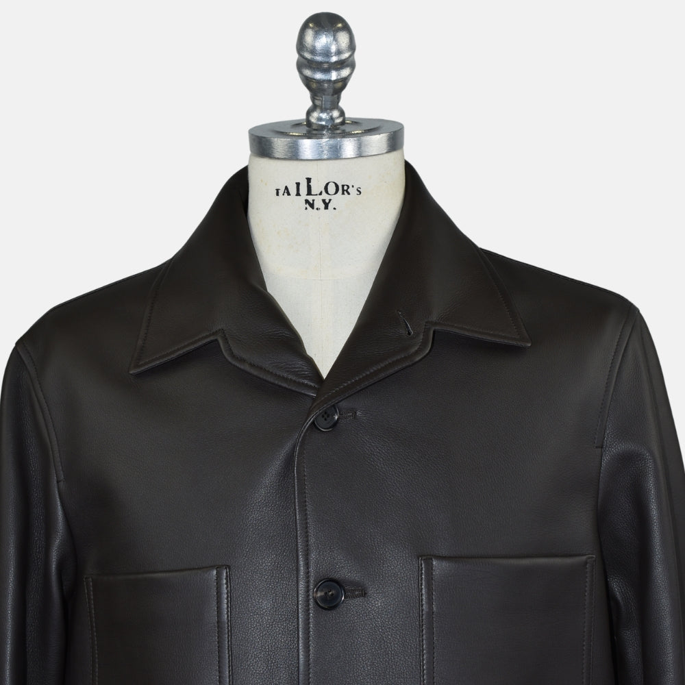 Dark Brown Calfskin Leather Shirt Jacket