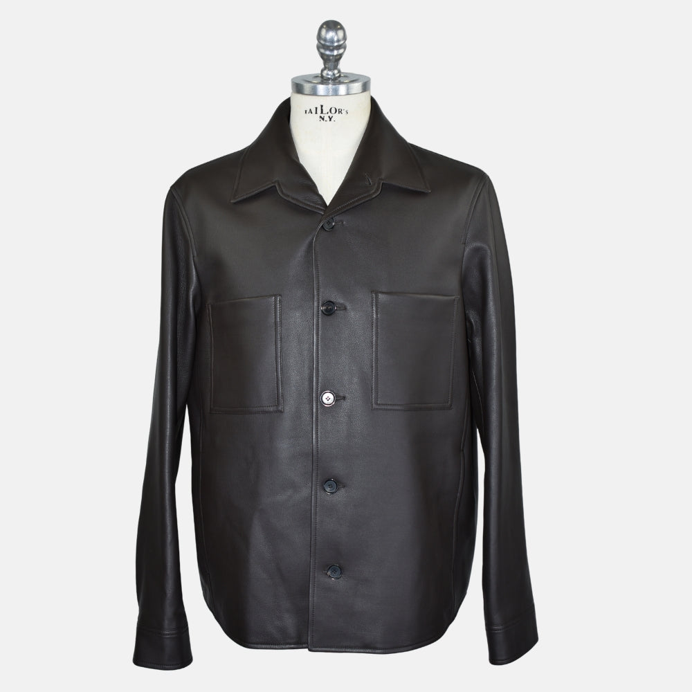 Dark Brown Calfskin Leather Shirt Jacket