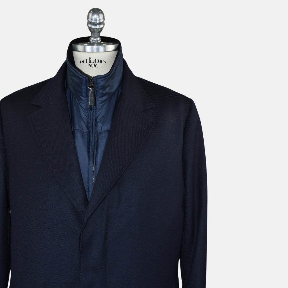 Navy Wool Overcoat with Detachable Quilted Gilet