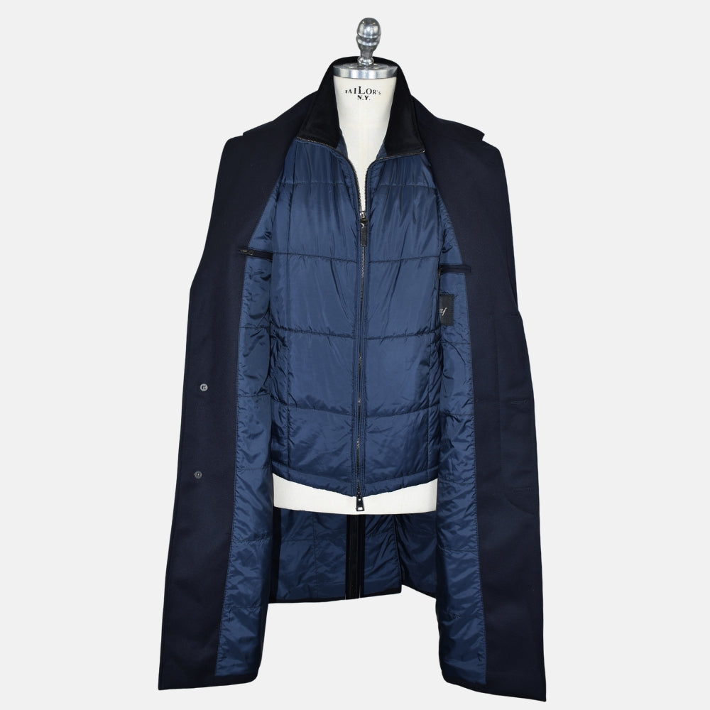 Navy Wool Overcoat with Detachable Quilted Gilet