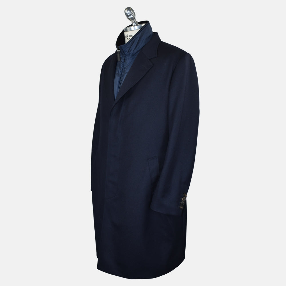 Navy Wool Overcoat with Detachable Quilted Gilet