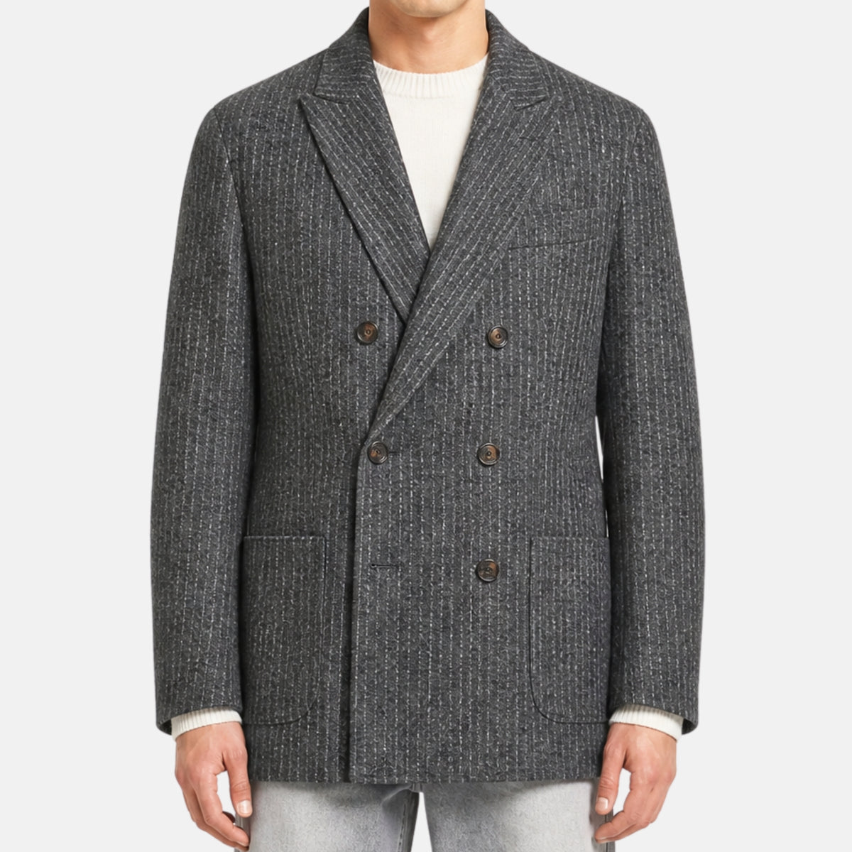 Gray-White Striped Double Breasted Blazer made of Alpaca/Wool/Polyamide/Cashmere (EU 52)