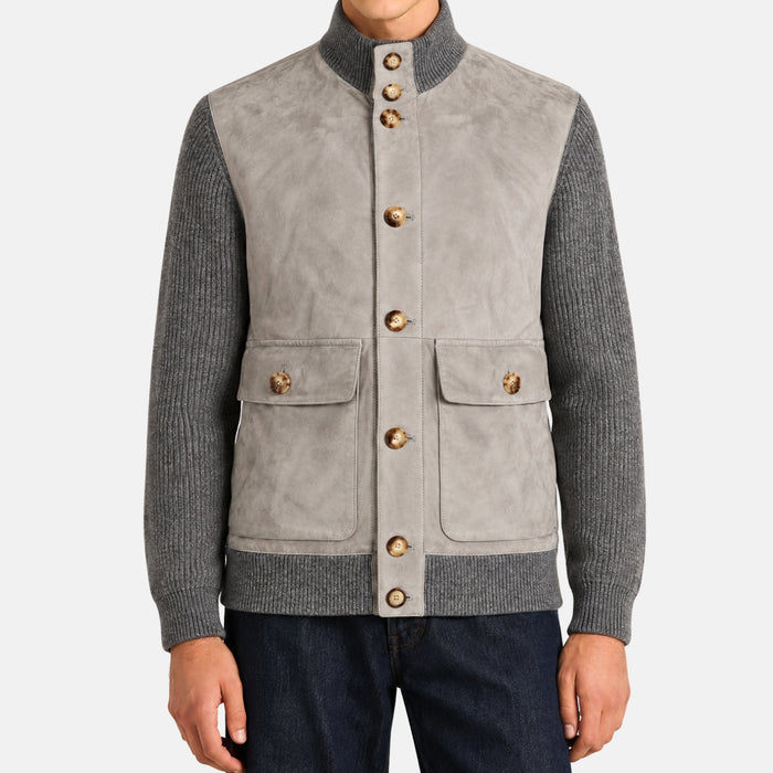 Brunello Cucinelli Suede Leather Cashmere Button Jacket Grey