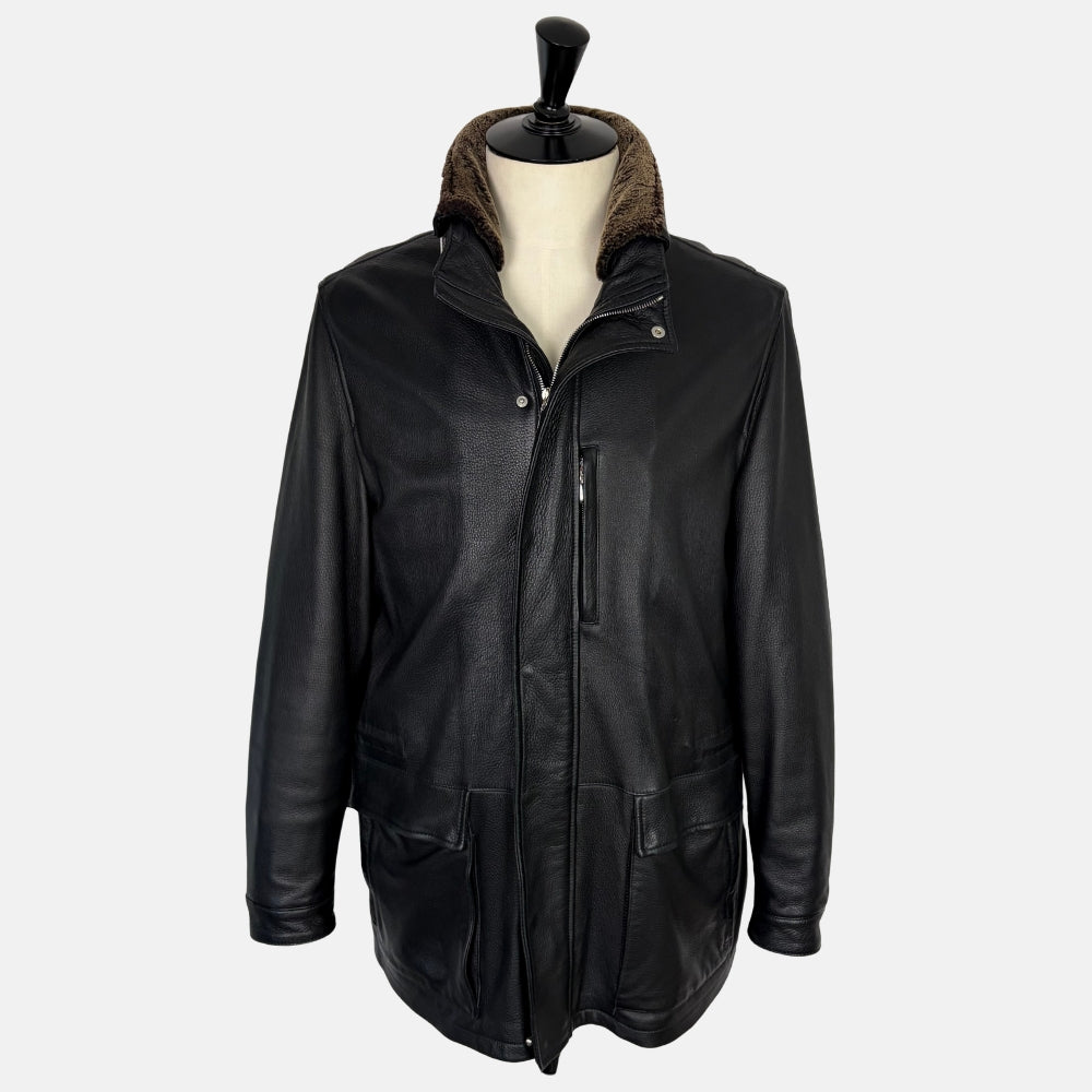 Black Deerskin Jacket with Shearling Collar