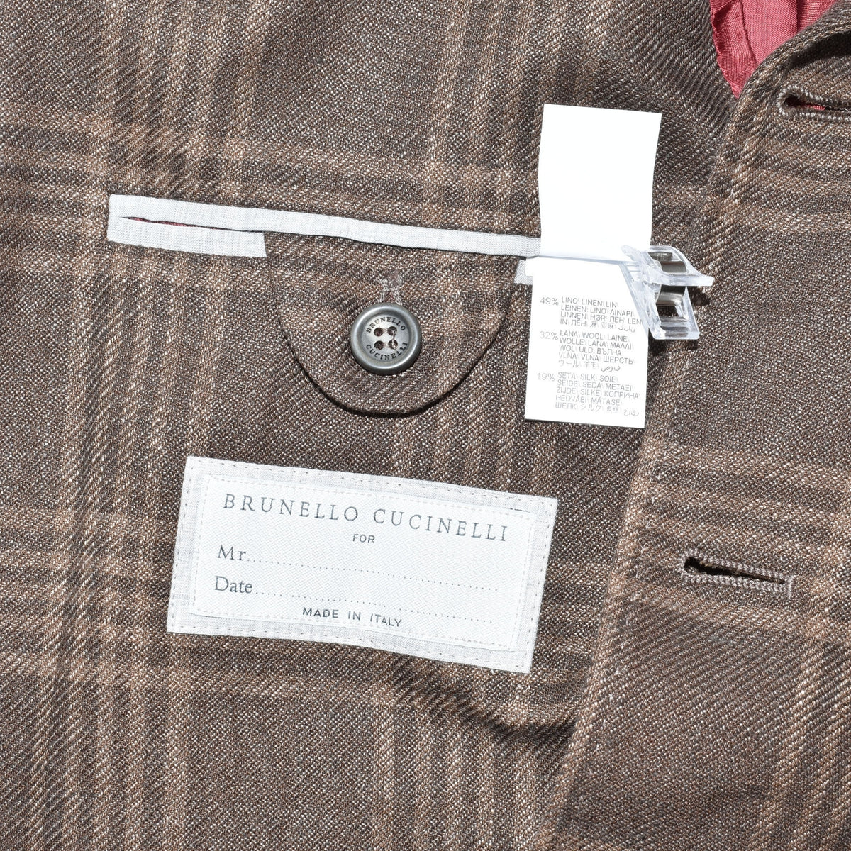 Braune karierte Jacke aus Leinen/Wolle/Seide (EU 50)