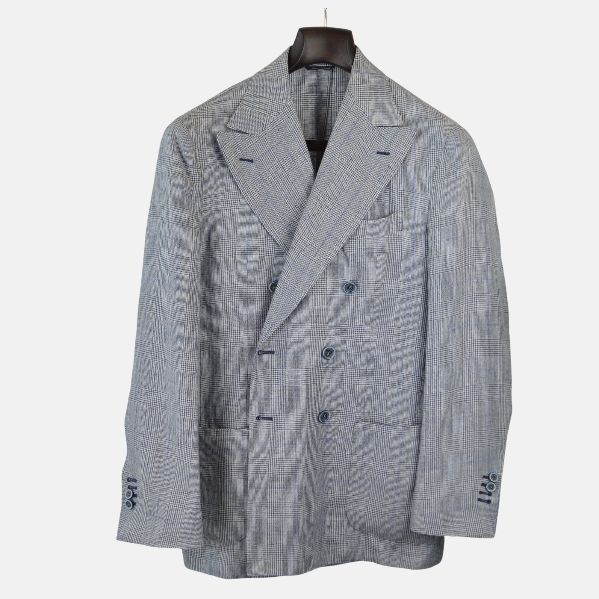 Grey/Blue Checked Double Breasted Blazer made of Linen/Wool (EU 50)