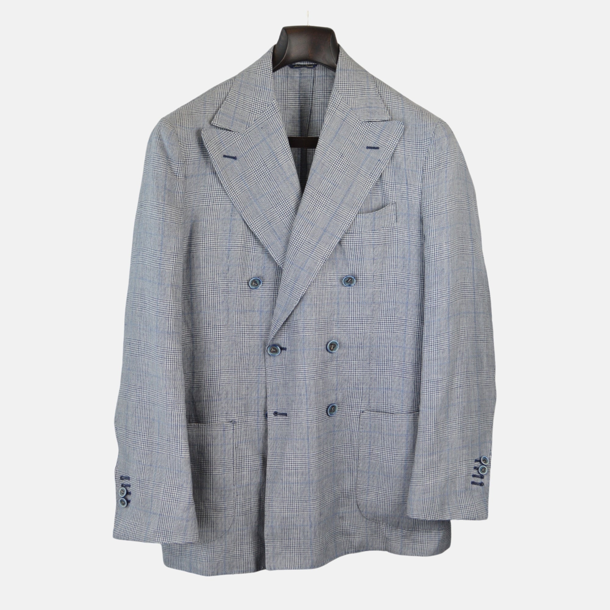 Grey/Blue Checked Double Breasted Blazer made of Linen/Wool (EU 50)