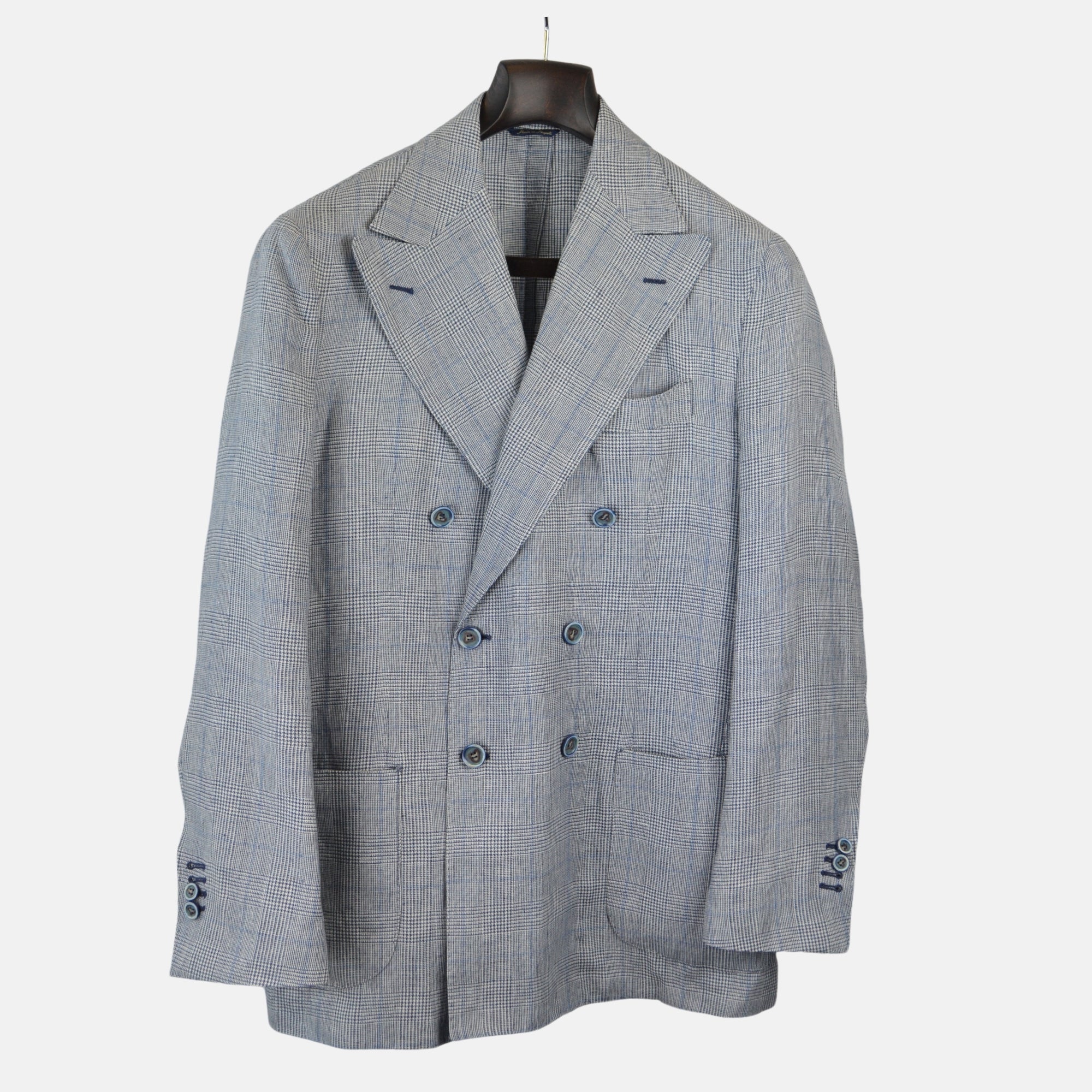 Grey/Blue Checked Double Breasted Blazer made of Linen/Wool (EU 50)