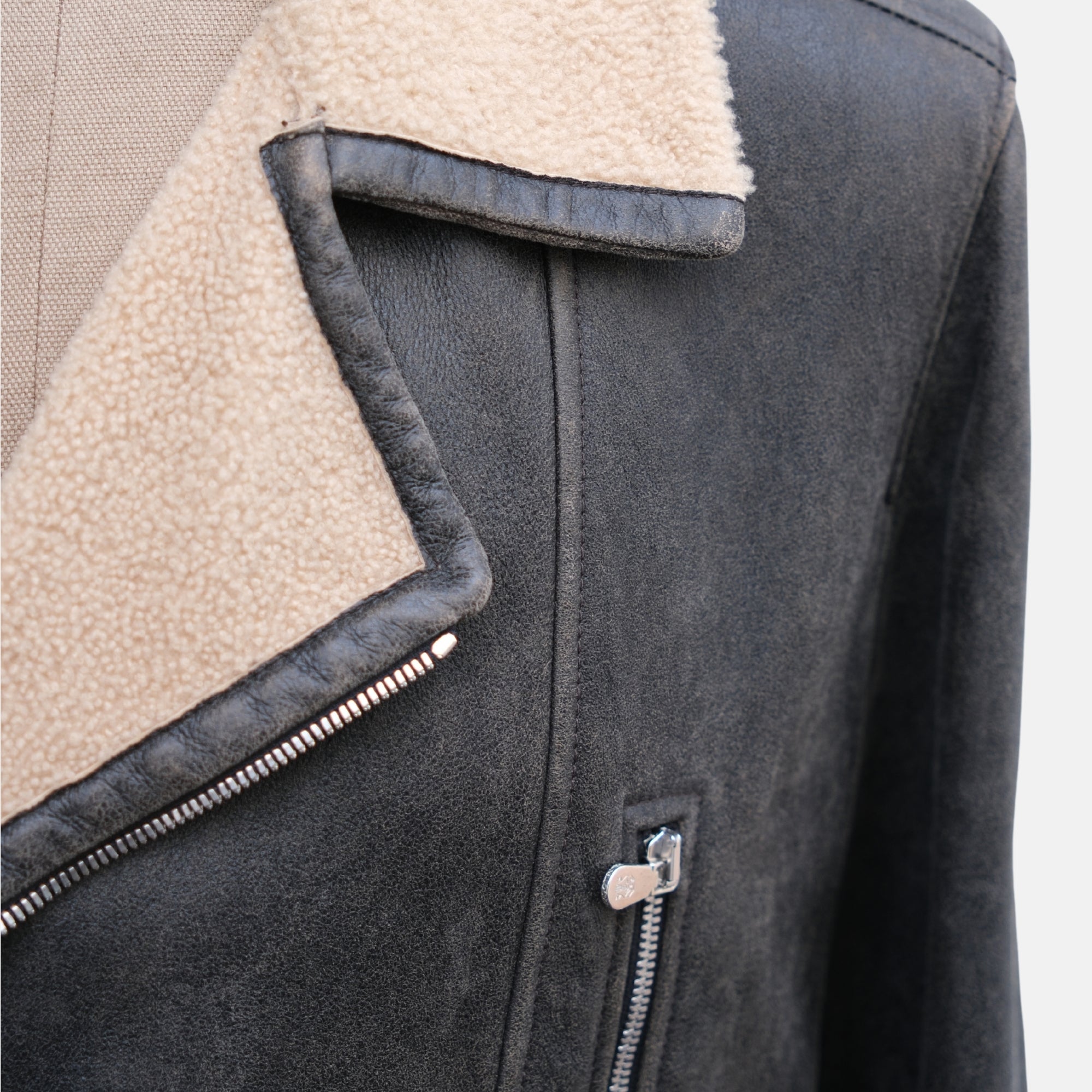 Dark Grey Shearling Biker Jacket (M)