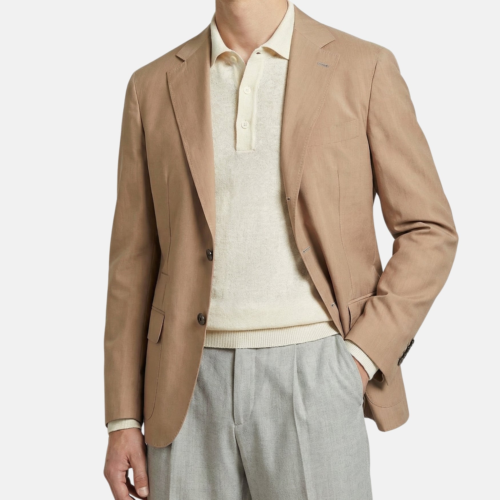 Pre-owned Brunello Cucinelli tan cotton blazer layered over cream V-neck sweater and shirt, front view