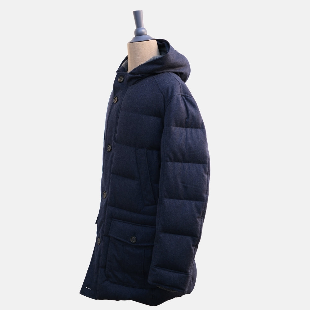 Dunkelblauer Daunenmantel aus Schurwolle/Seide/Kaschmir (XXL)