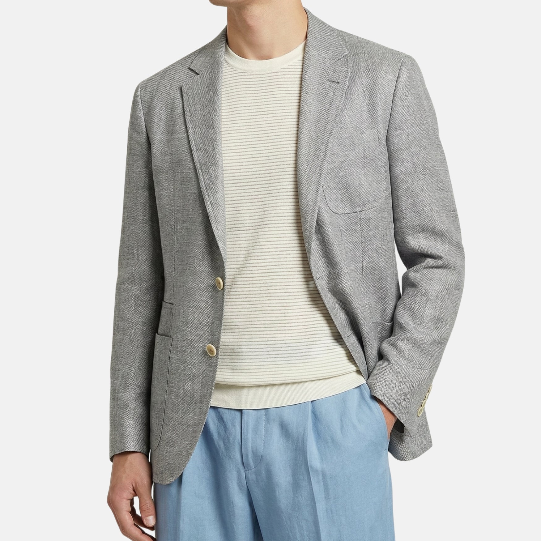 Pre-owned Brunello Cucinelli light grey linen blazer worn over striped knit sweater, front view