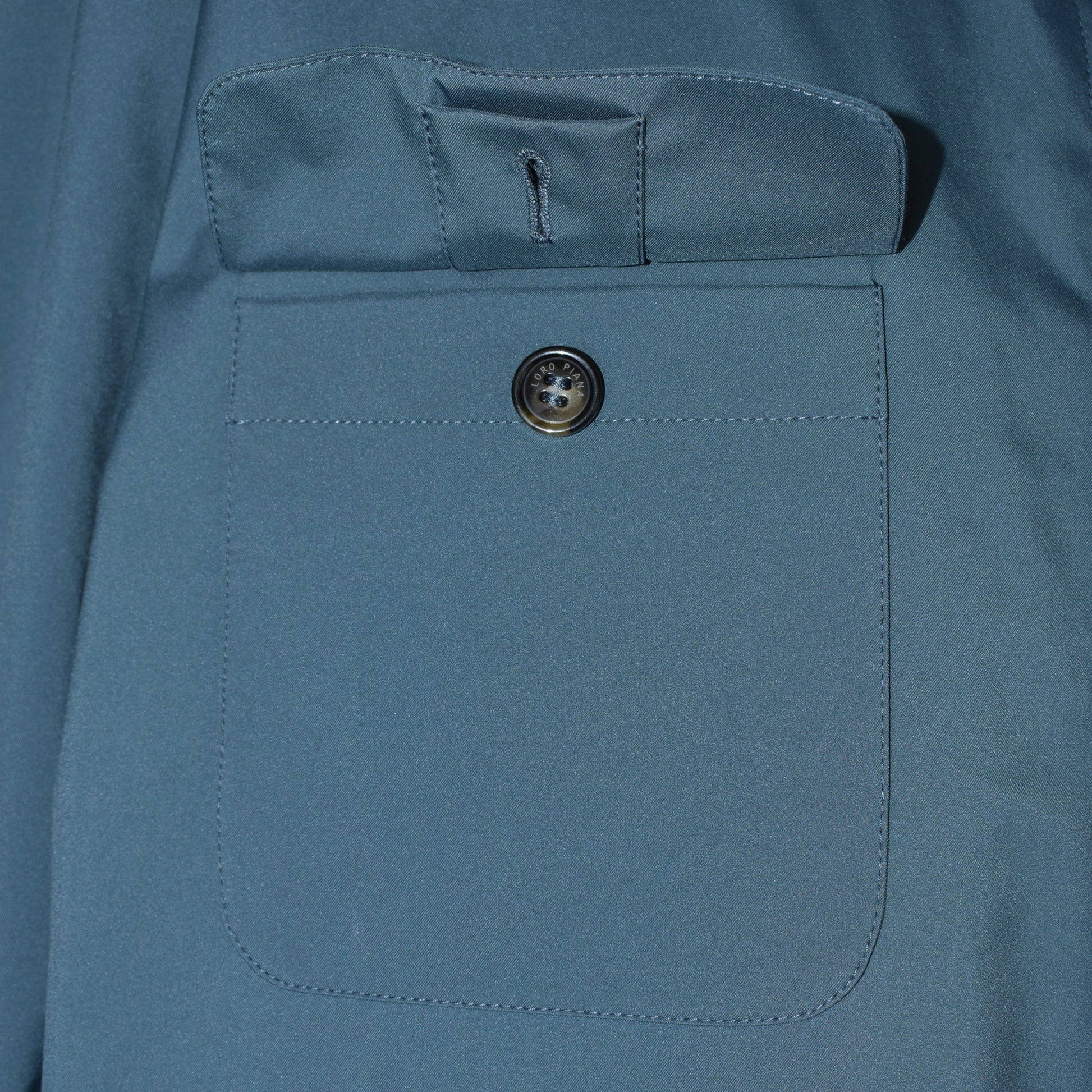 Side three-quarter view of the Loro Piana petrol Storm System jacket