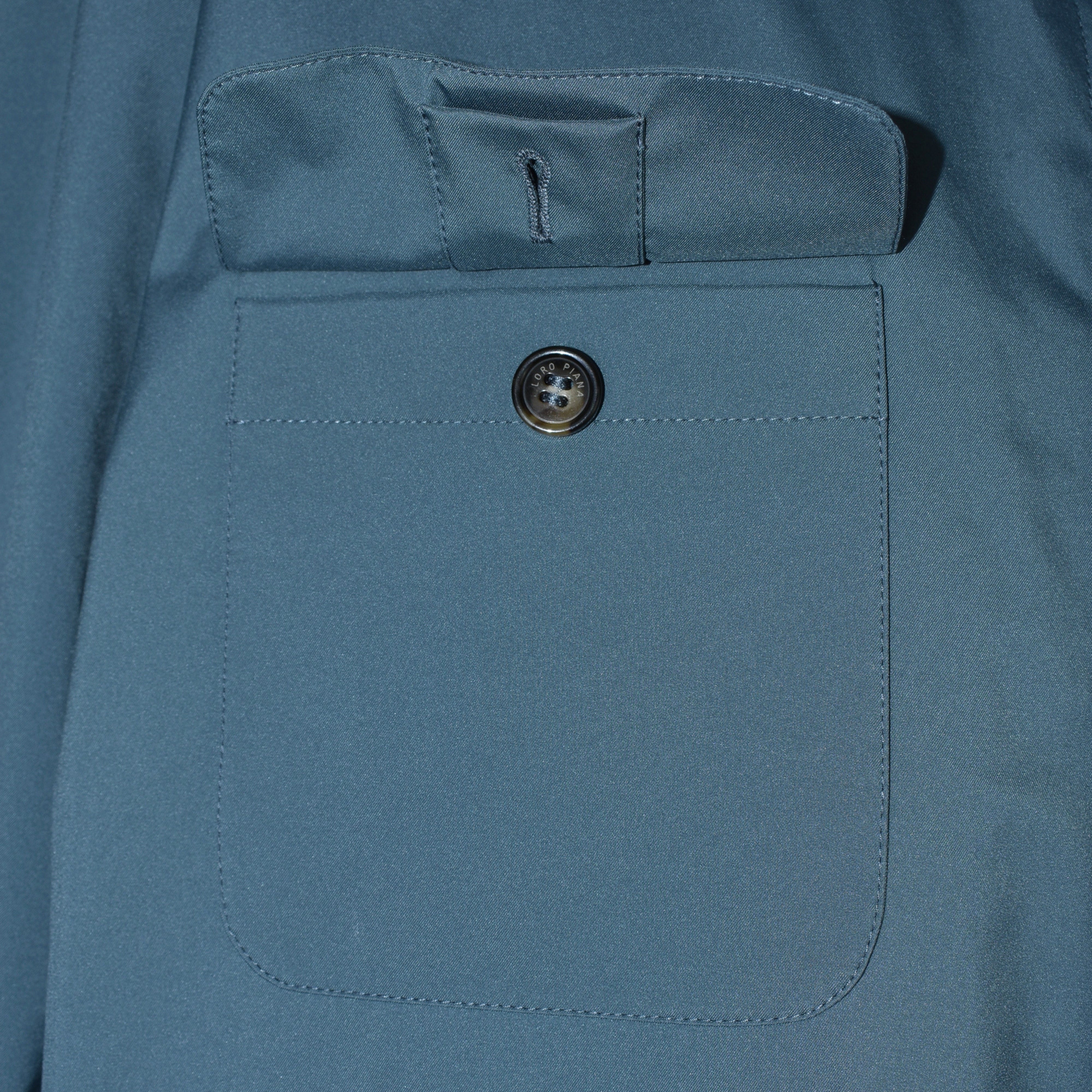 Side three-quarter view of the Loro Piana petrol Storm System jacket