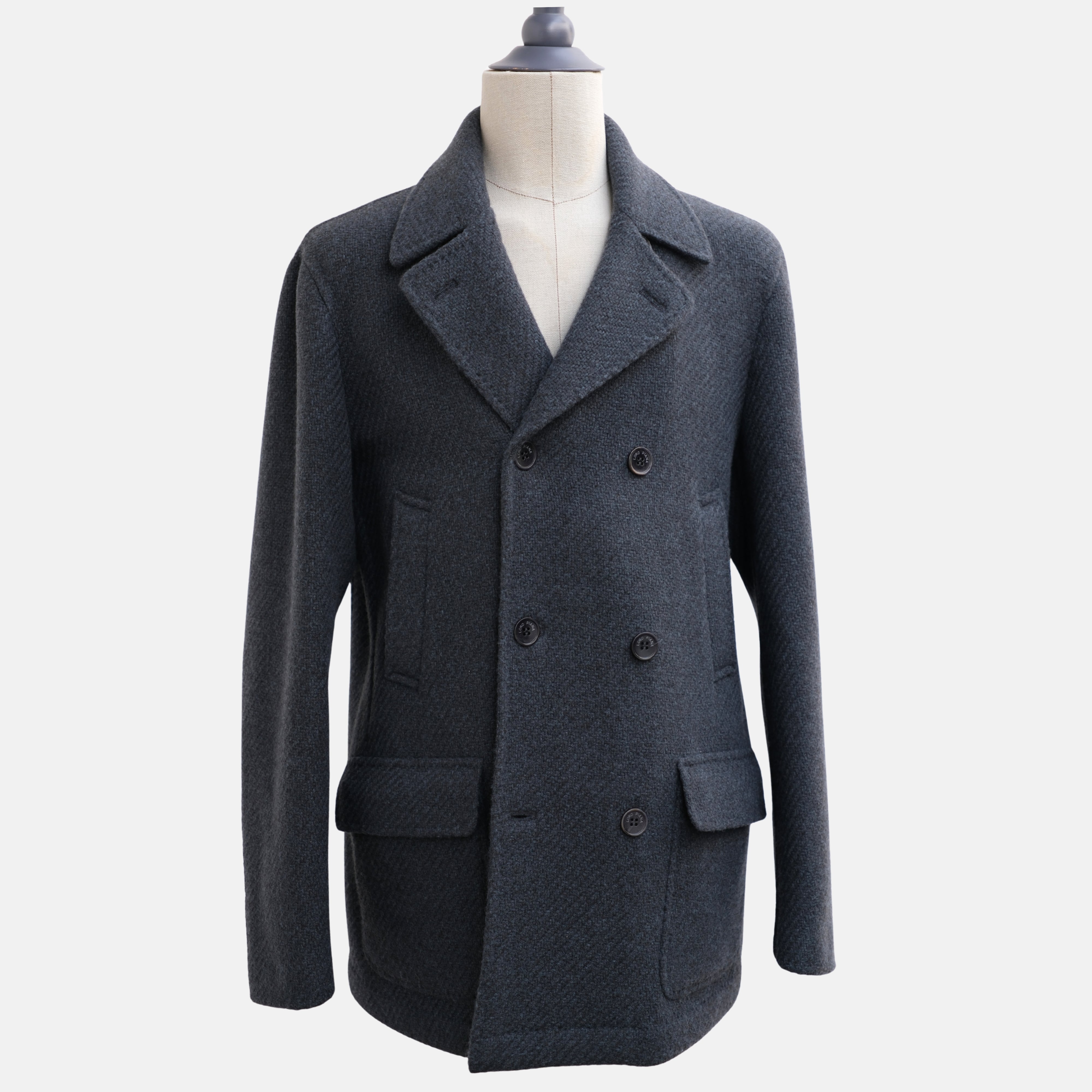 Blue Melange Double-Breasted Baby Cashmere Peacoat (L)