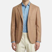 Pre-owned Brunello Cucinelli camel cotton blazer worn over light blue shirt, front view, EU 50