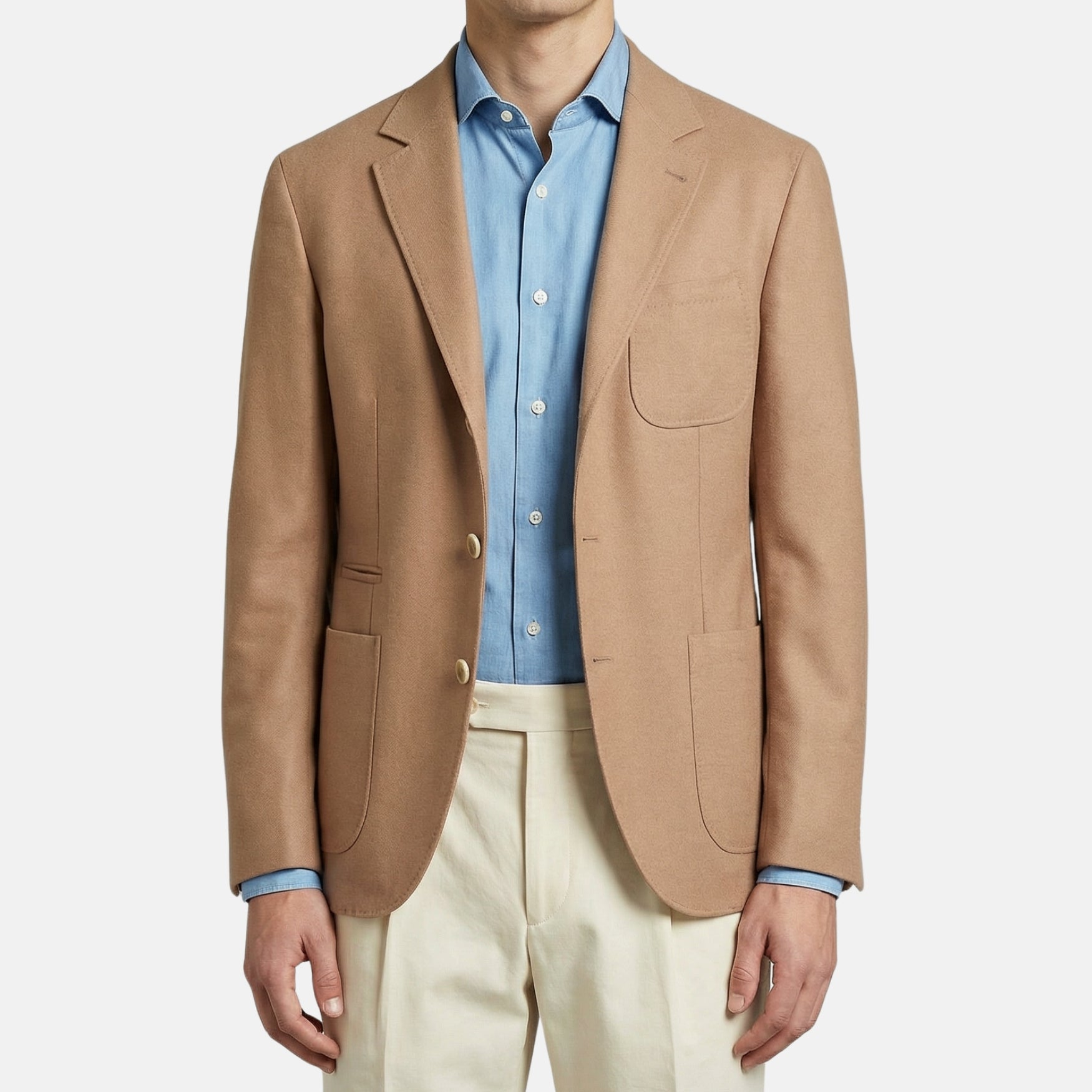 Pre-owned Brunello Cucinelli camel cotton blazer worn over light blue shirt, front view, EU 50