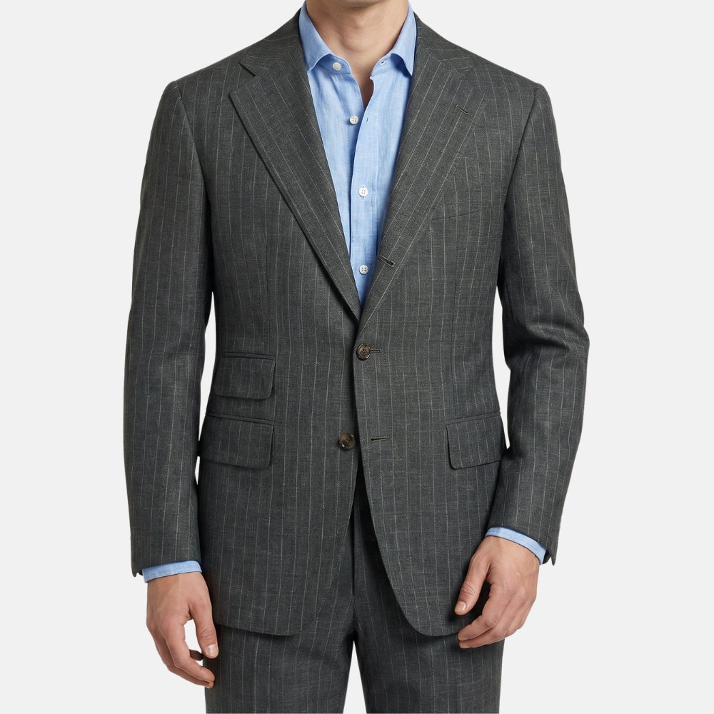 Grey/Green Striped Suit made of Light Virgin Wool (EU 48)