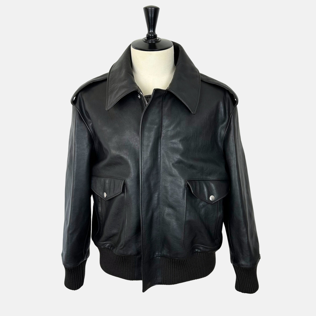 Black-Brown Leather Flight Jacket with Removable Shearling Collar (L)