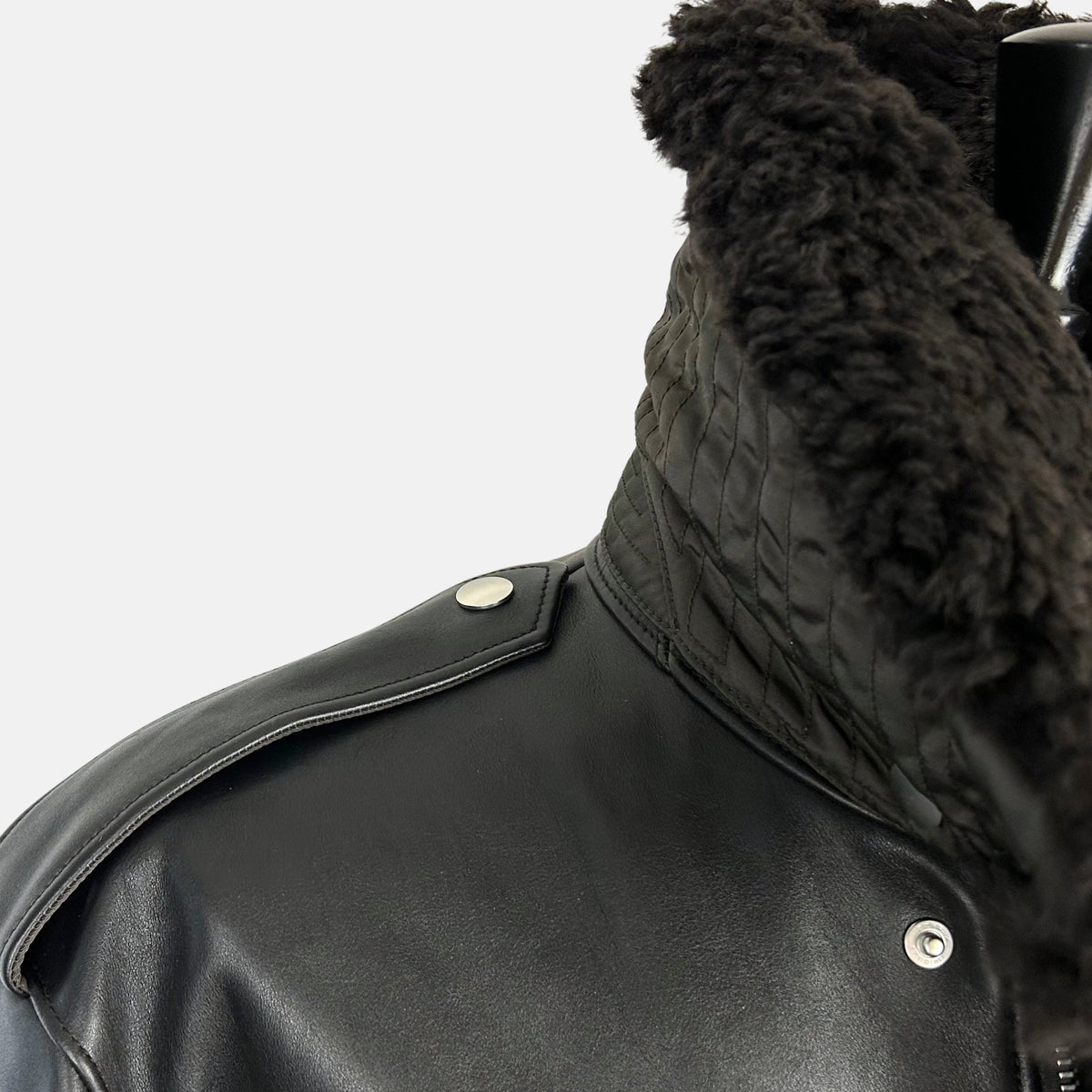 Black-Brown Leather Flight Jacket with Removable Shearling Collar (L)