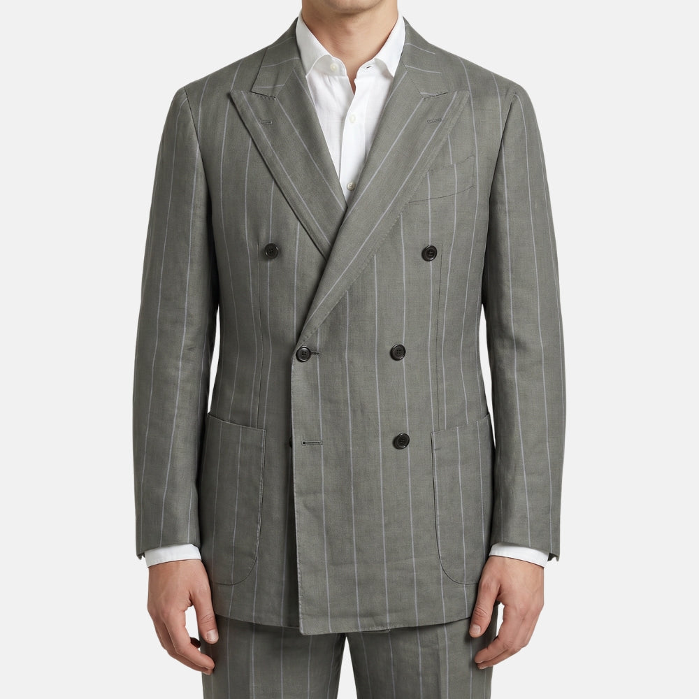 Light Grey/Green Striped Suit made of Virgin Wool (EU 48)