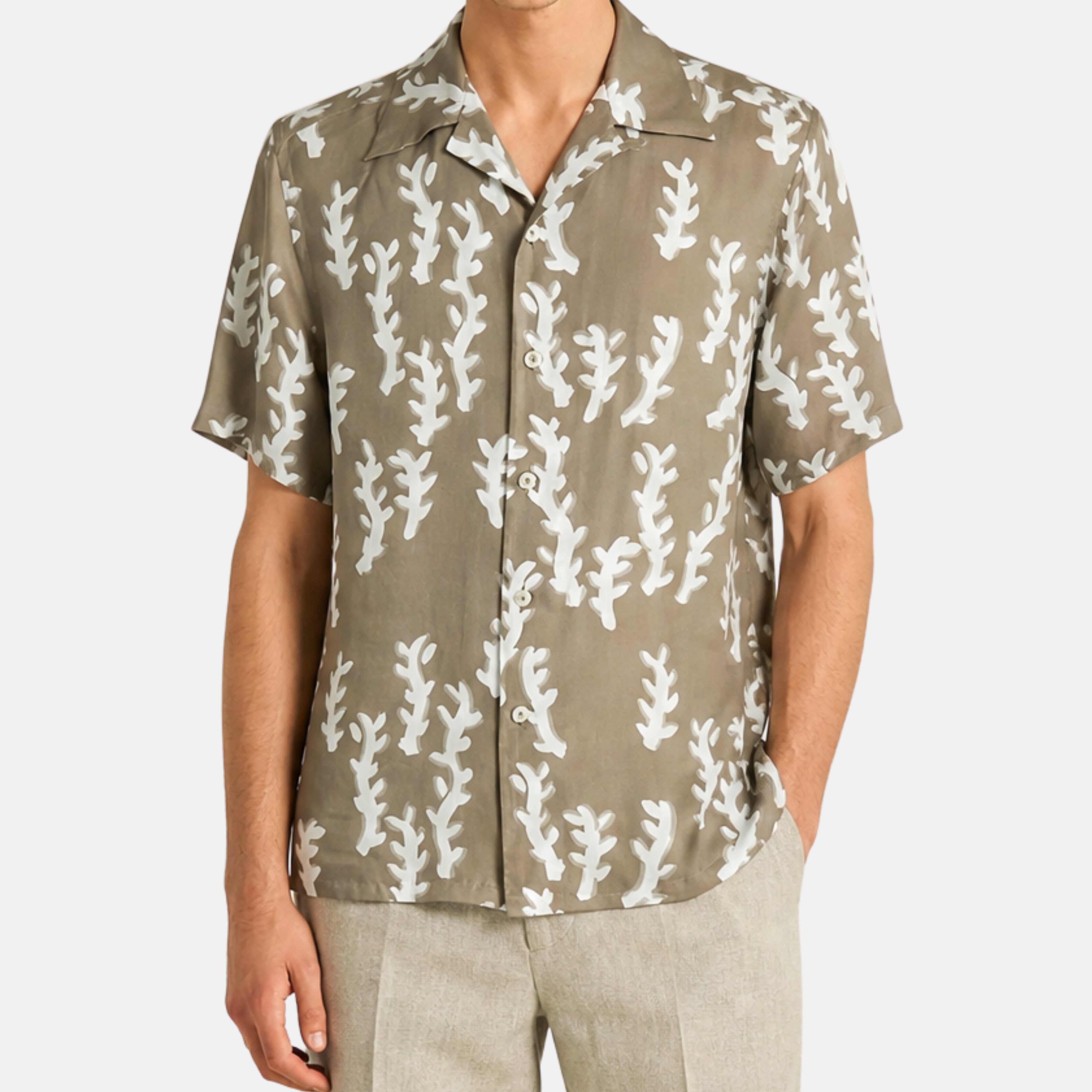 Beige-Taupe Patterned Bowling Shirt made of Silk (M)