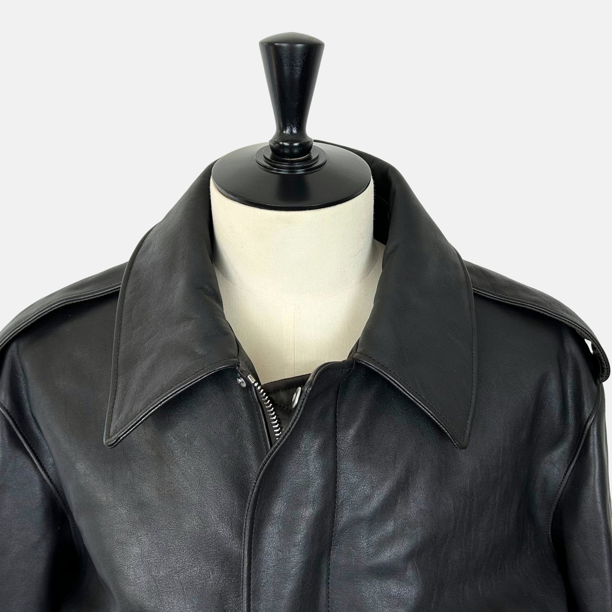 Black-Brown Leather Flight Jacket with Removable Shearling Collar (L)