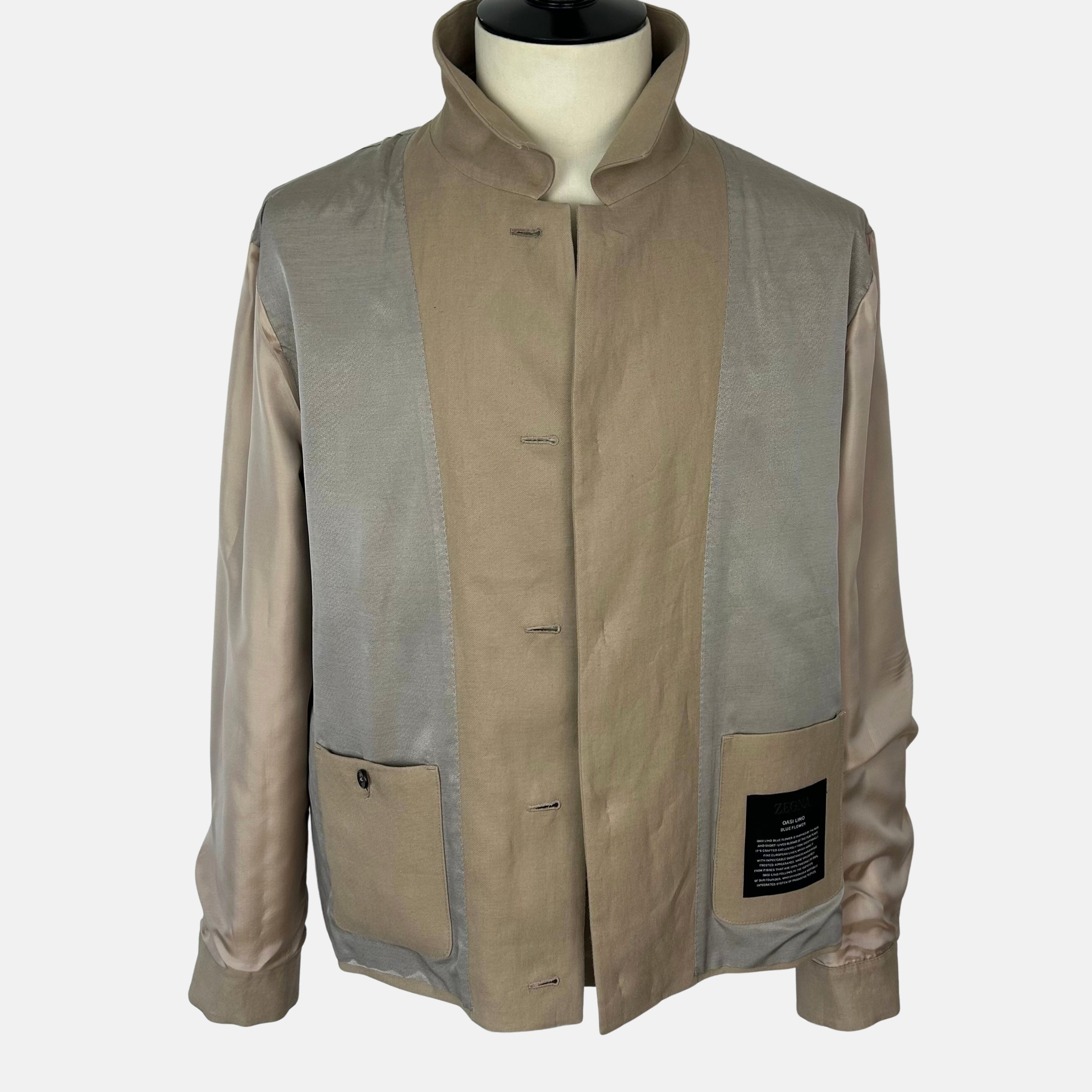 Sand Oasi Lino Blue Flower Chore Jacke aus Leinen mit Lederdetails (EU 56)