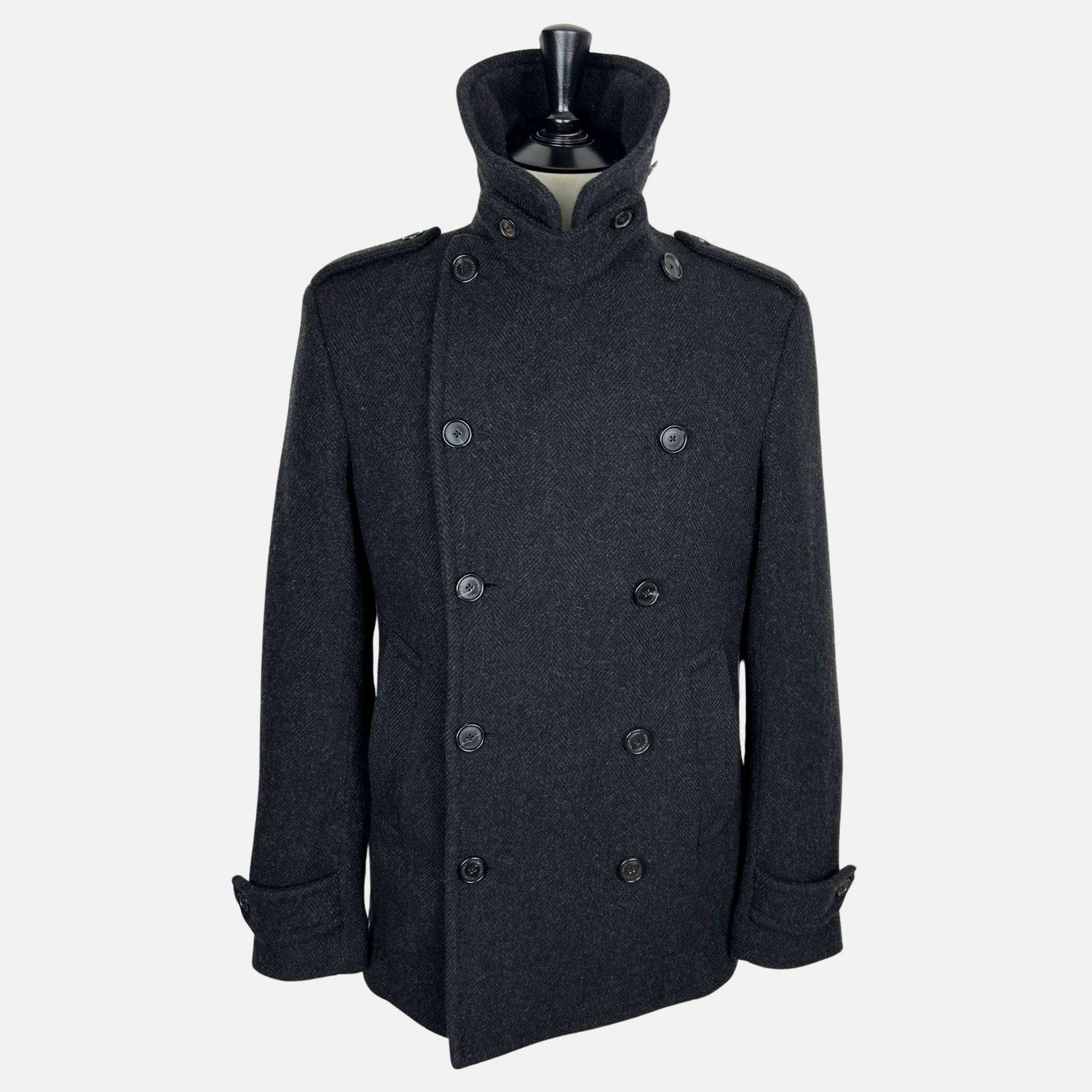 Charcoal Herringbone Peacoat made of Wool (M)