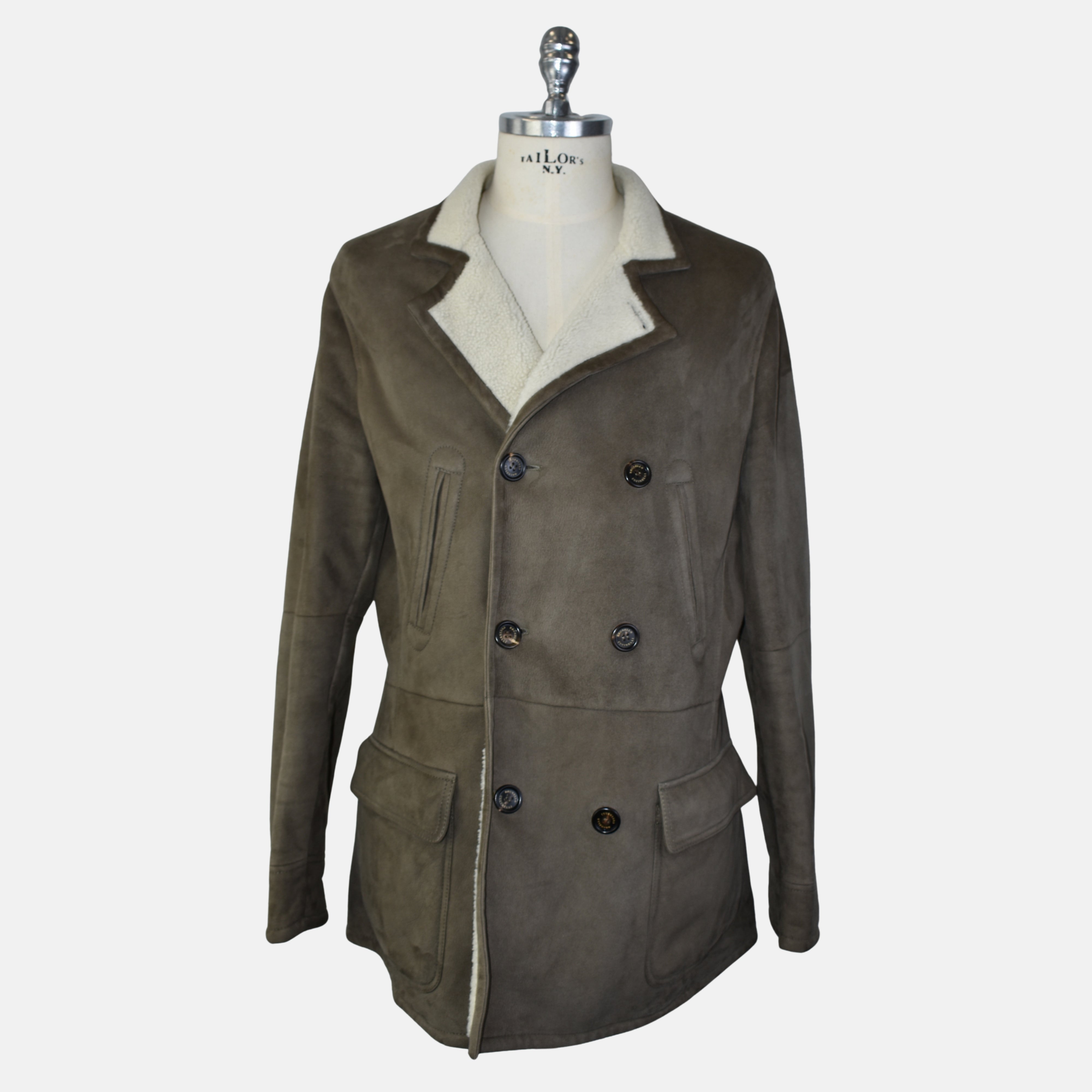 Hellbrauner zweireihiger Shearling-Mantel (L)