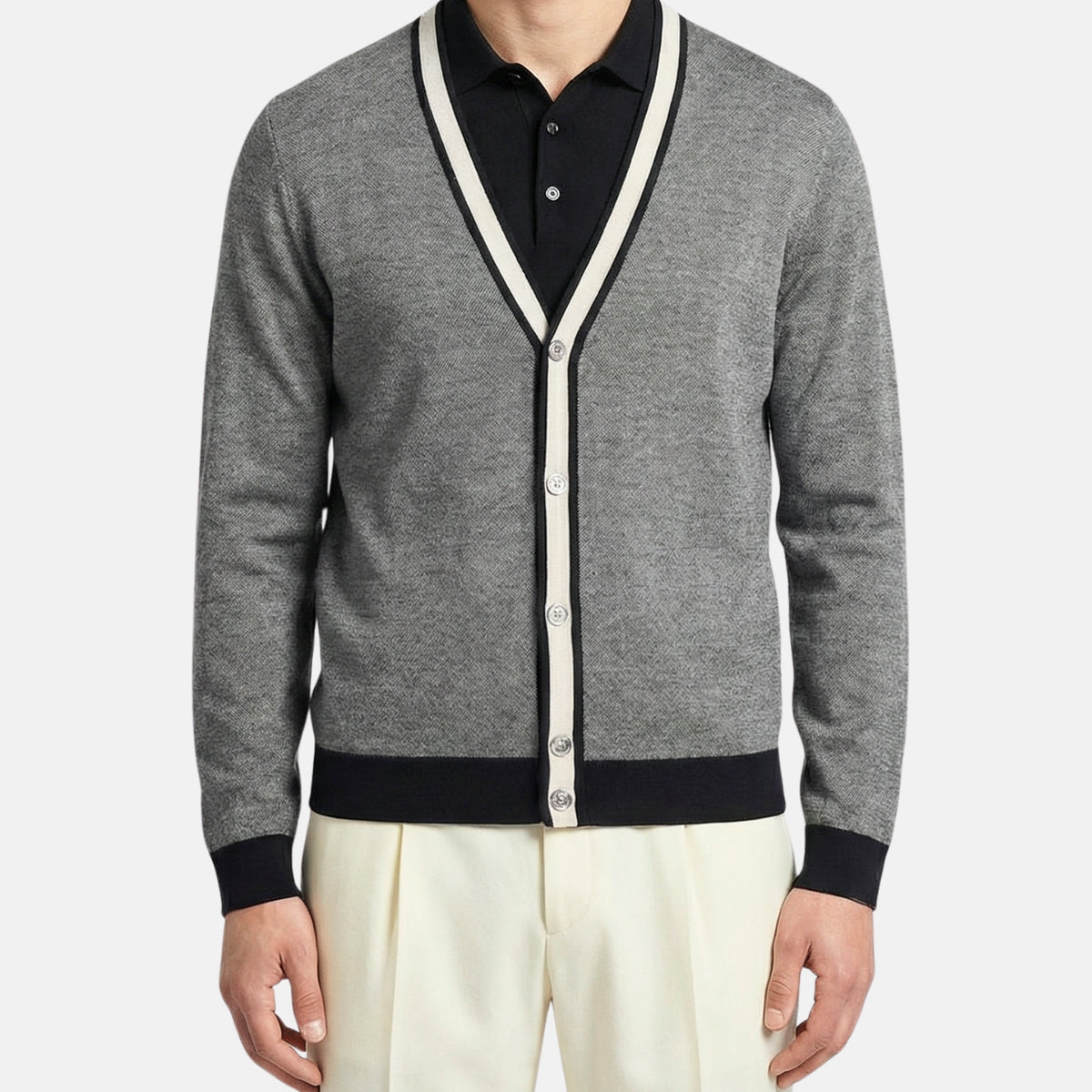 Black-Cream Patterned Cashmere Silk Cardigan
