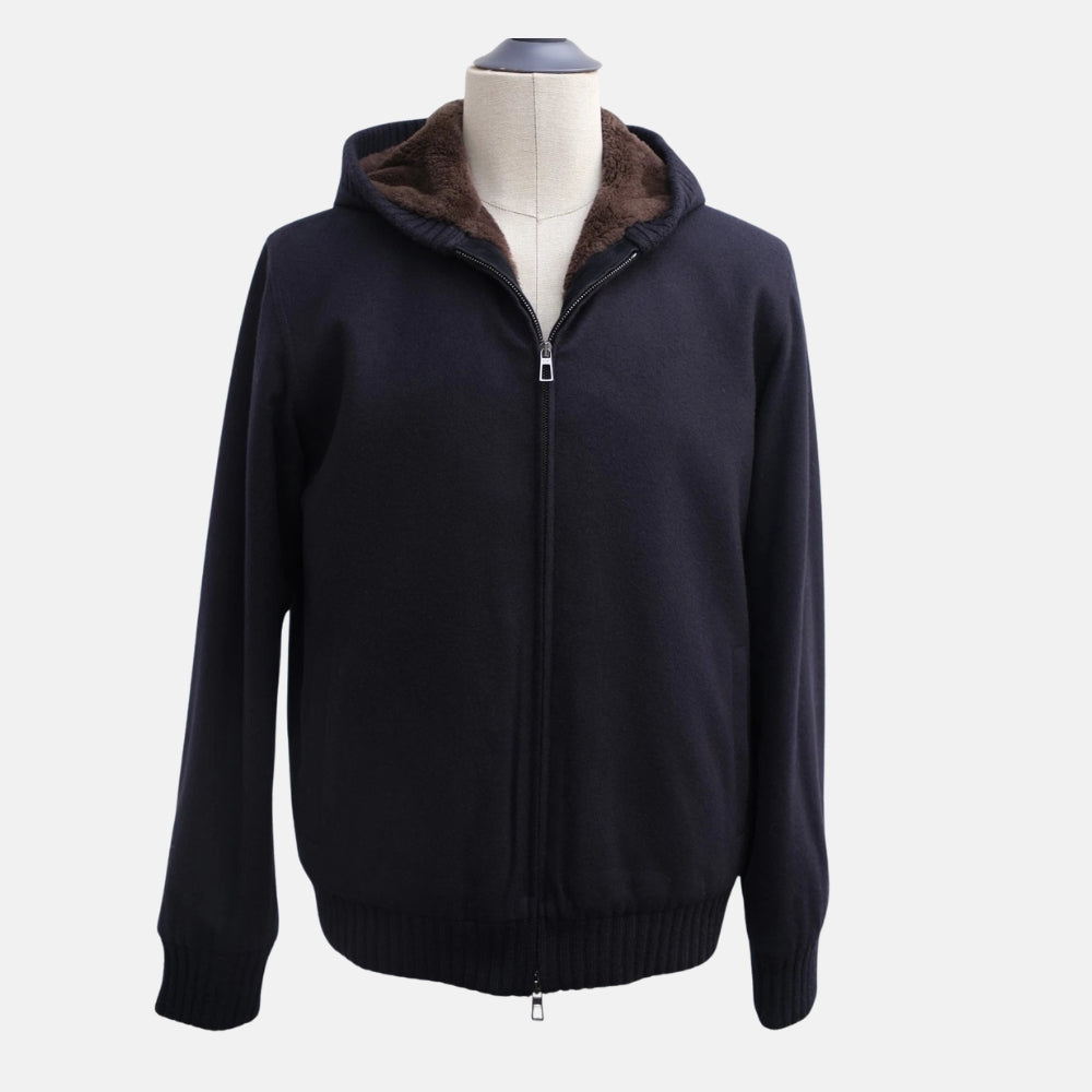 Navy Blue Hooded Beaver Lined Cashmere Jacket (L)