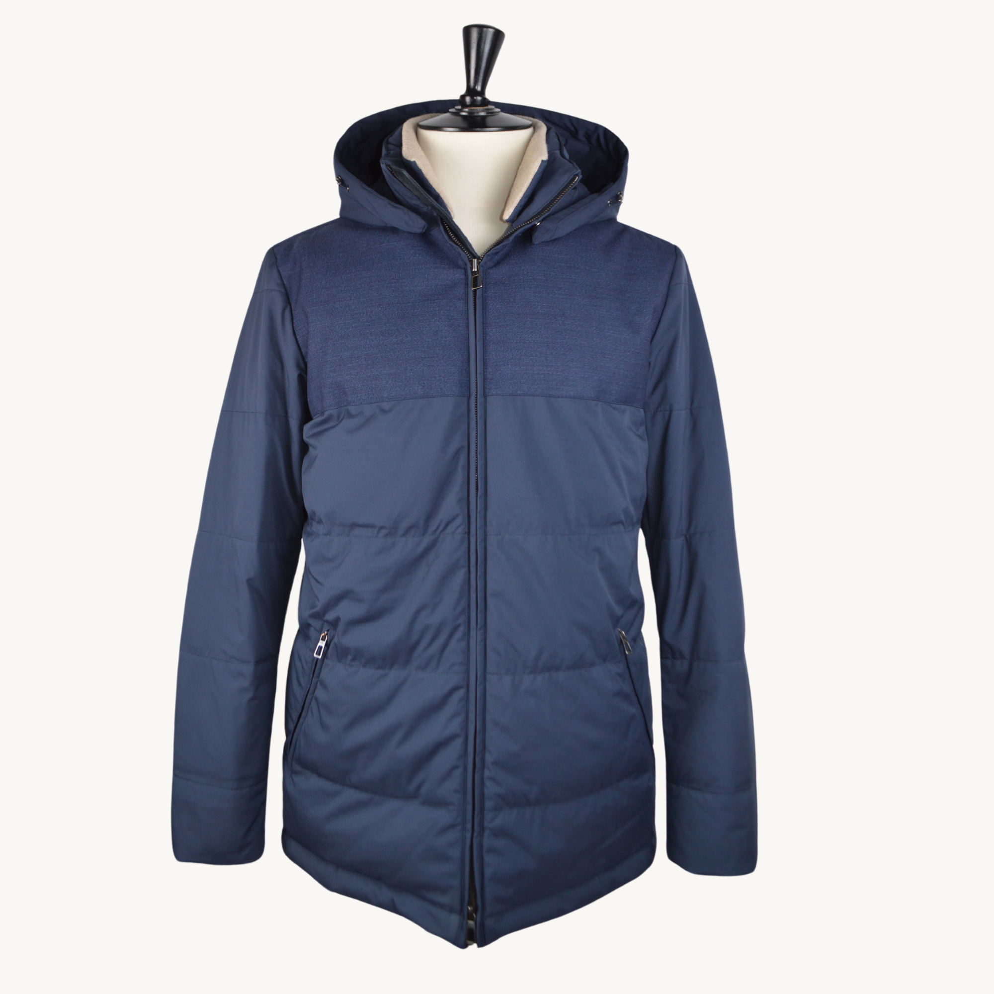 Navy Blue Goose Down Jacket with Cashmere/Suede Details