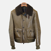 Olive Flight Leather Jacket with Shearling Collar (M)