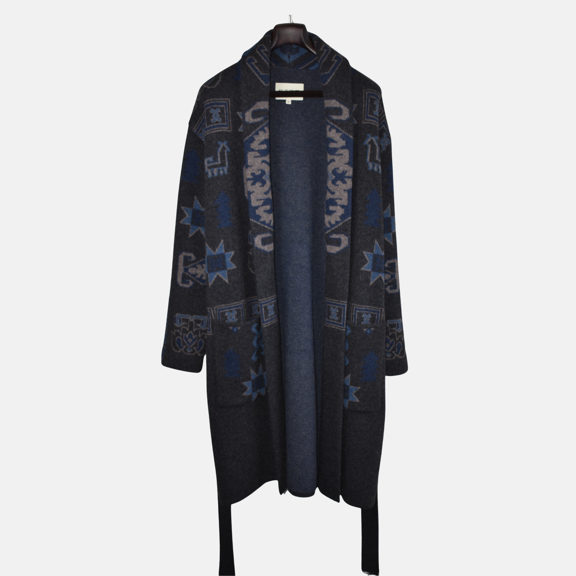 Blue/Gray Patterned Dressing Gown Coat Robe made of Wool (S)