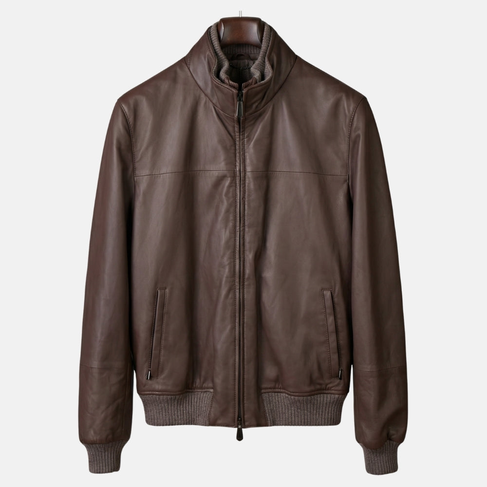 Brown Leather Jacket with Cashmere Details (EU 58)