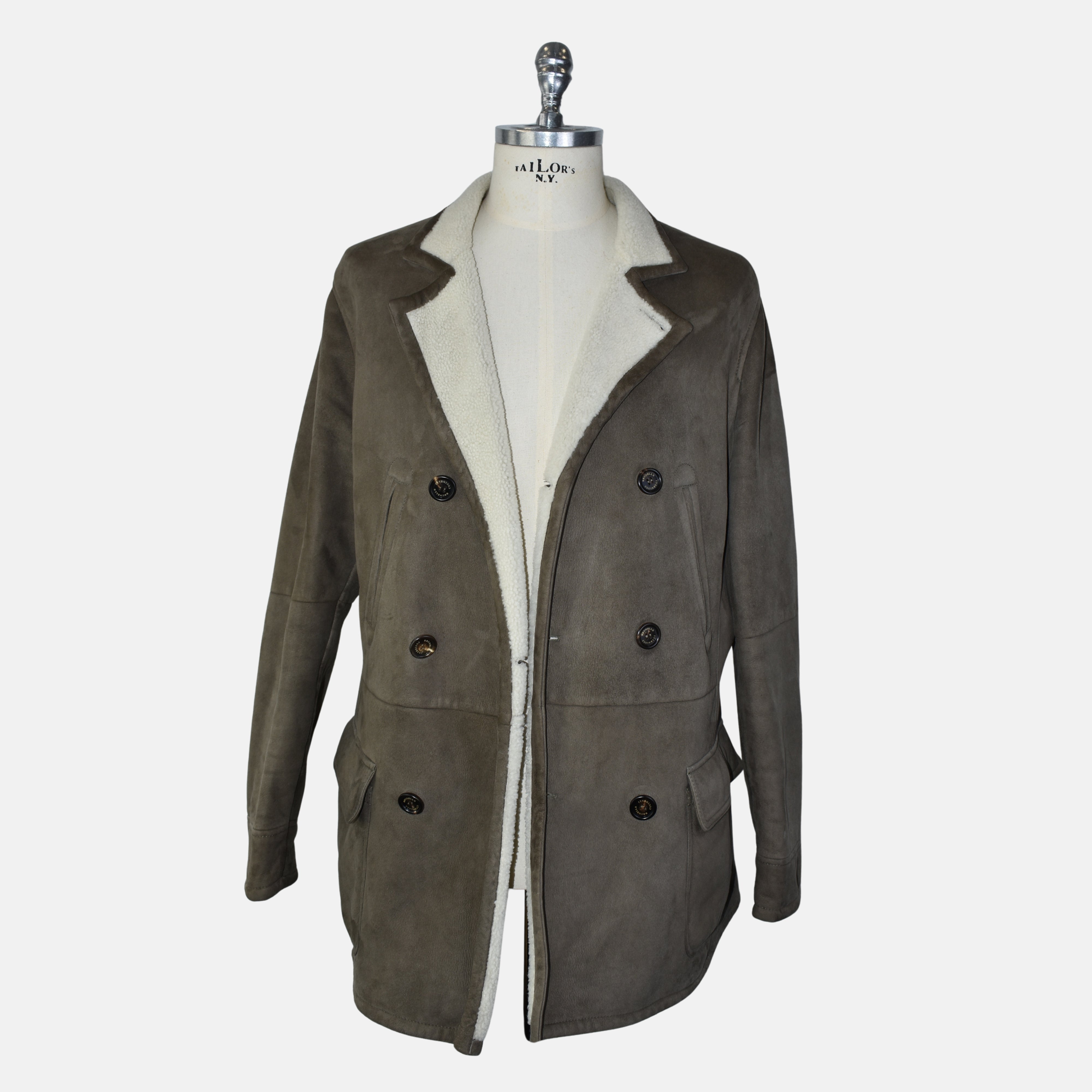 Hellbrauner zweireihiger Shearling-Mantel (L)
