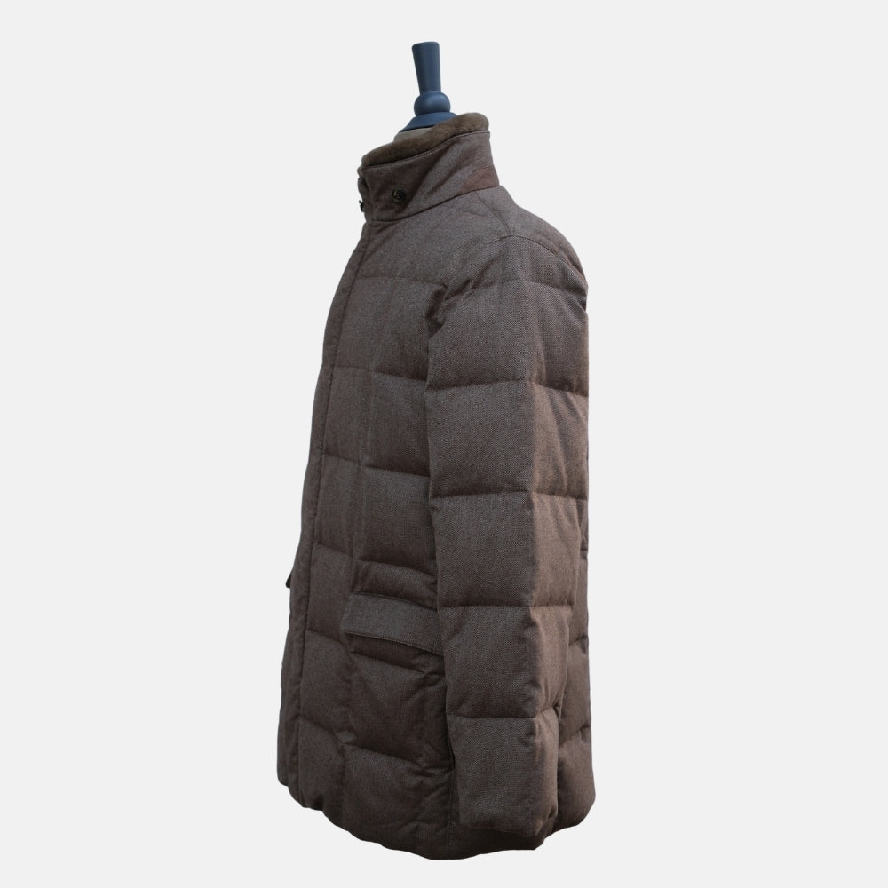 Brown Down Jacket made of Baby Cashmere with Beaver Collar (L)