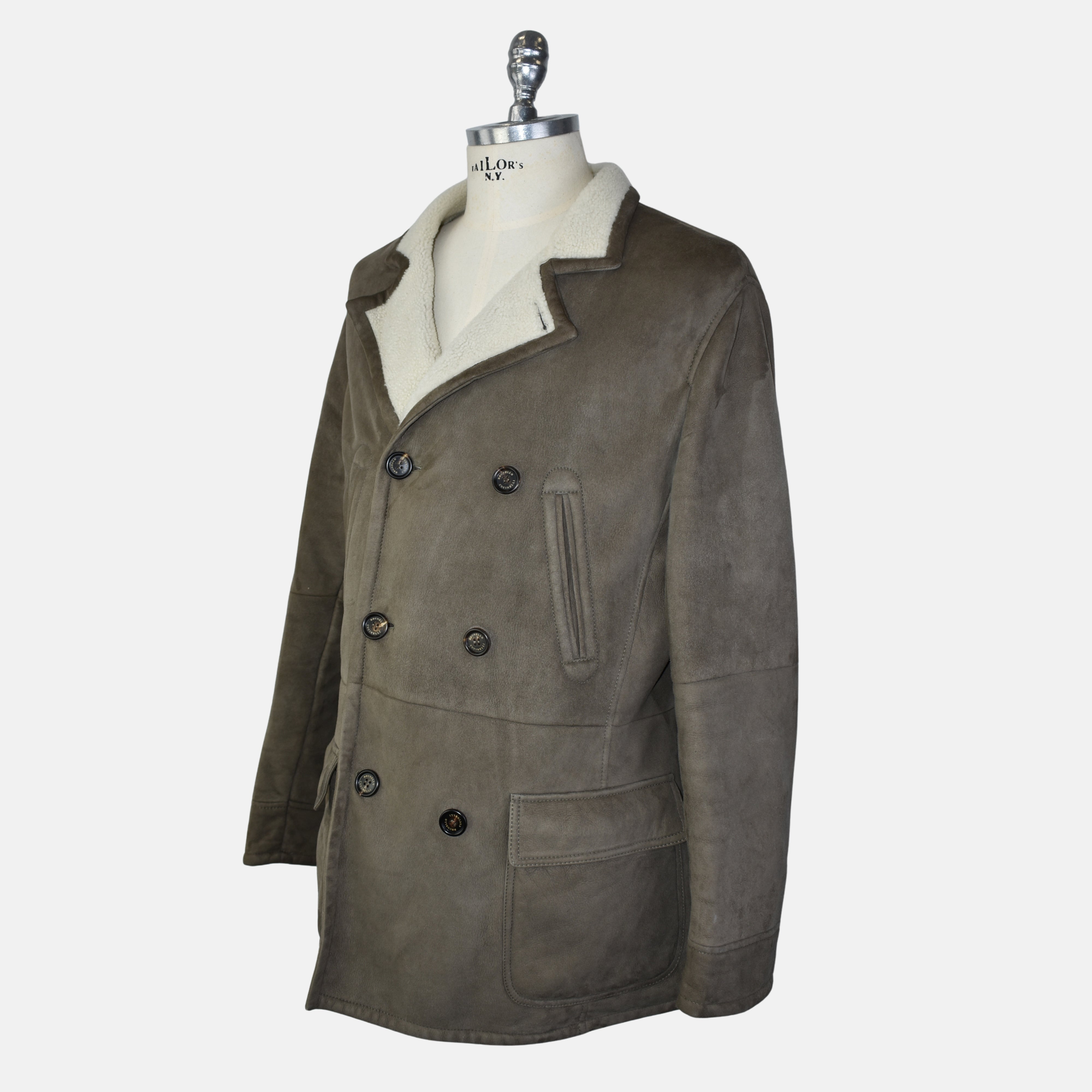 Hellbrauner zweireihiger Shearling-Mantel (L)