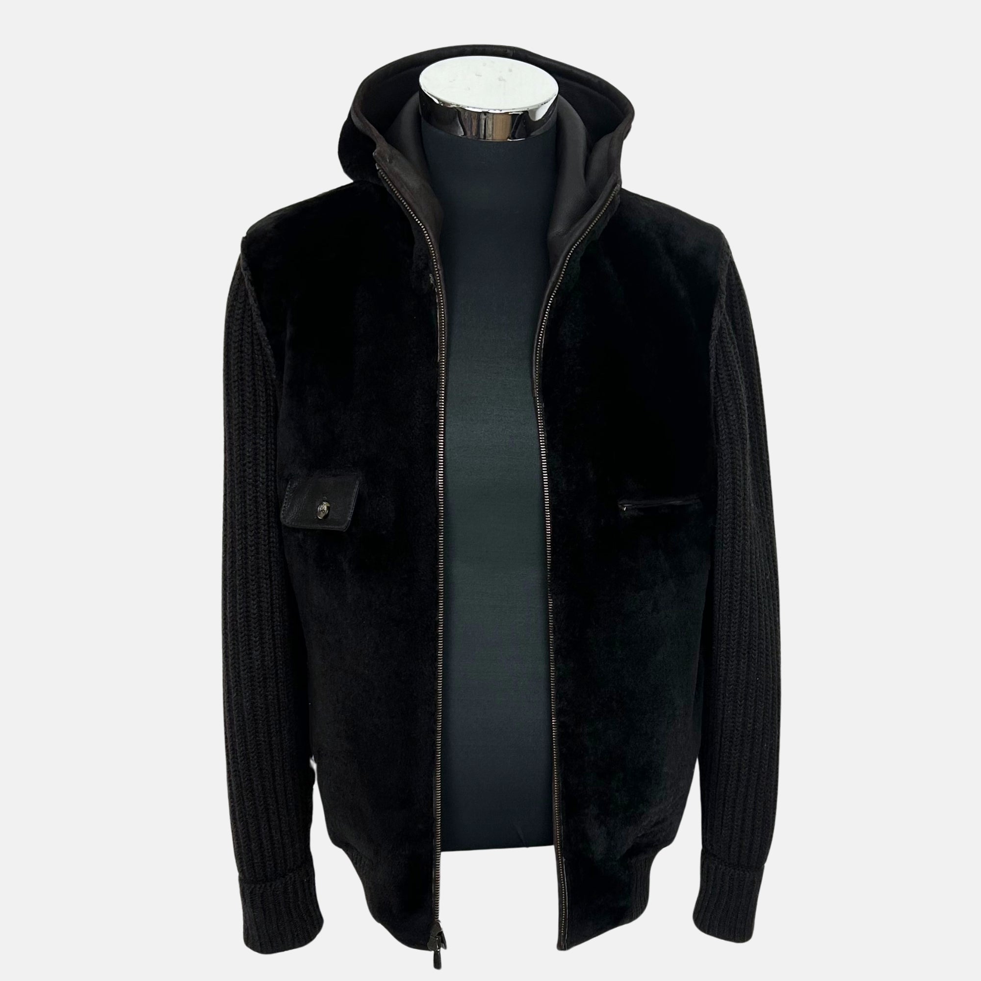 Dark Brown Hooded Bomber made of Shearling (XS)