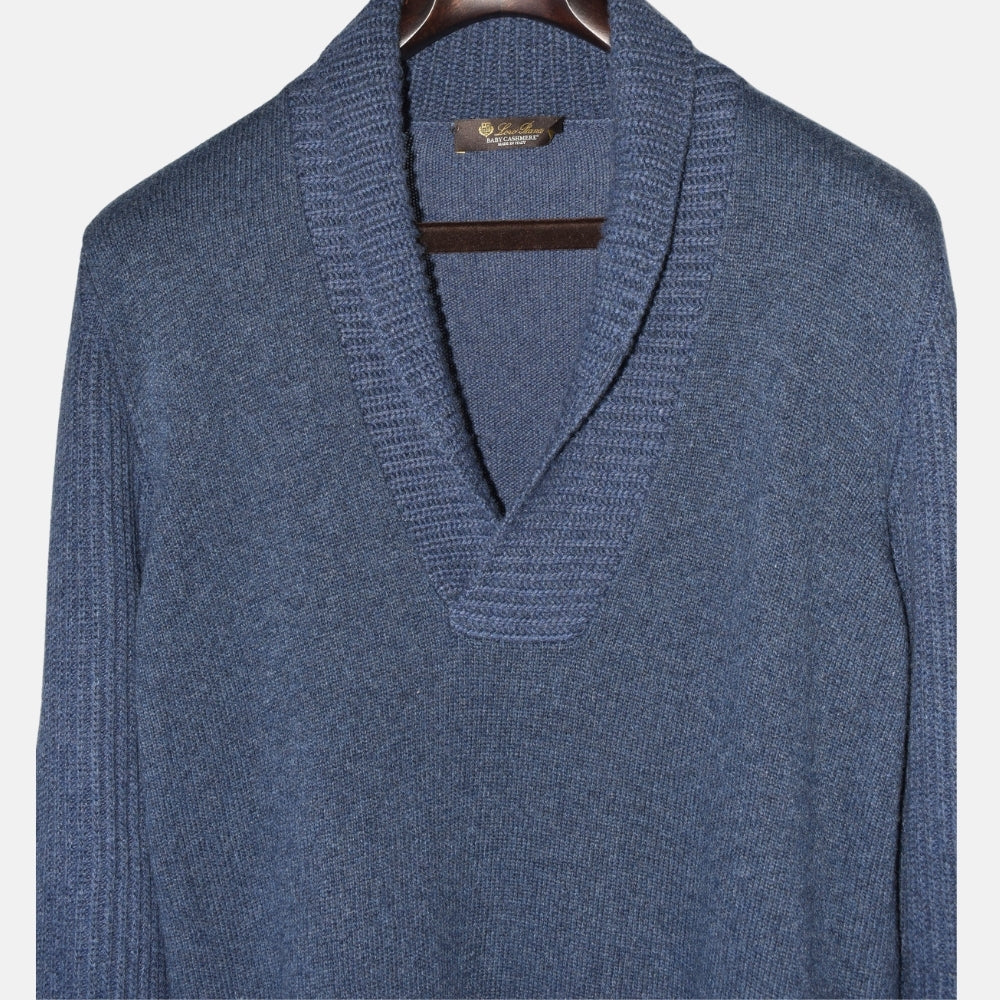 Blue Shawl Collar Sweater made of Baby Cashmere (EU 50)