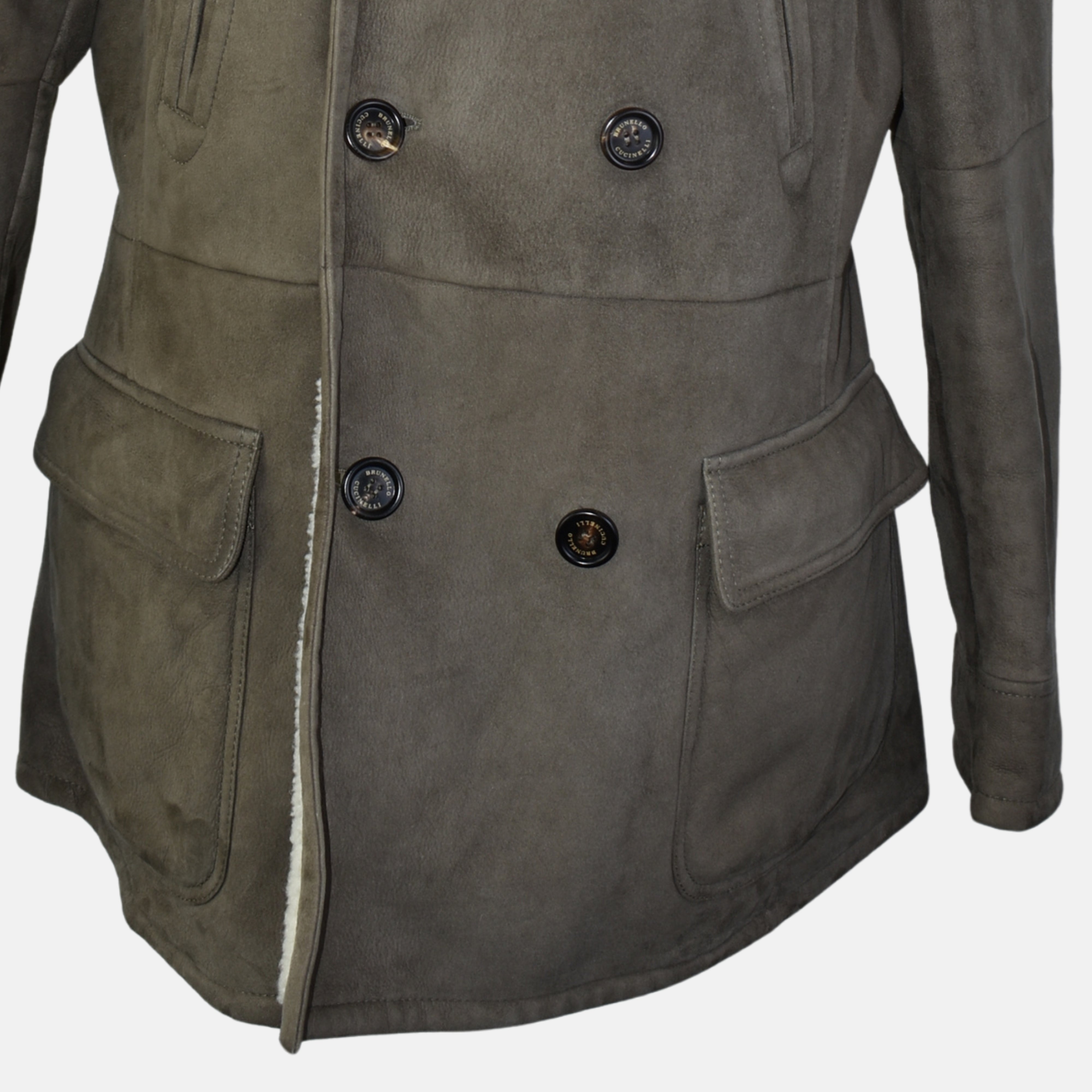 Hellbrauner zweireihiger Shearling-Mantel (L)