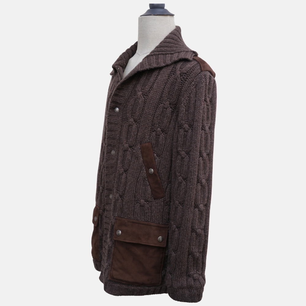 Brown Suede Cable Knit Cardigan