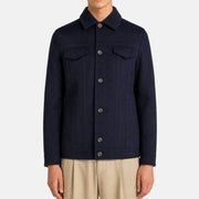 Loro Piana navy cashmere trucker jacket with shearling lamb fur collar