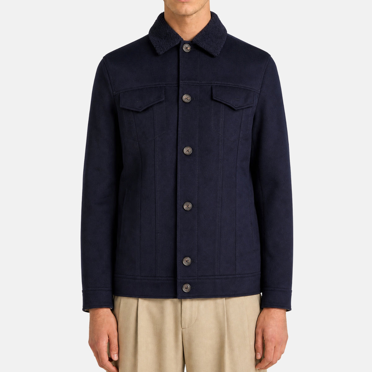 Loro Piana navy cashmere trucker jacket with shearling lamb fur collar