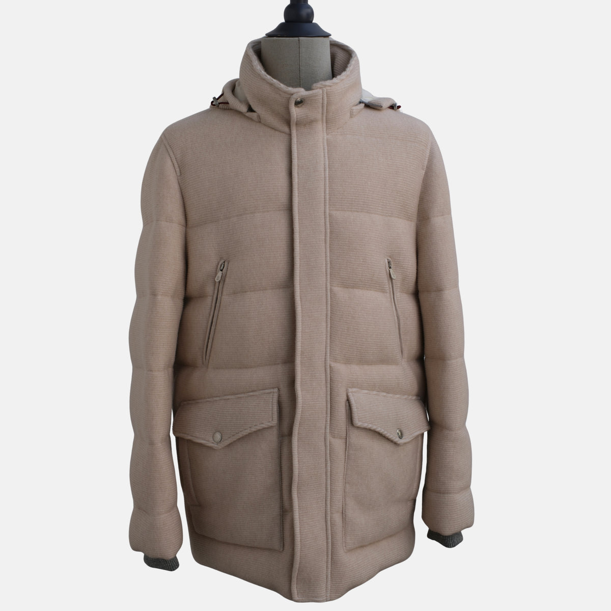 Taupe Daunenparka mit abnehmbarer Kapuze mit Kaschmir-/Velourslederdetails (L)