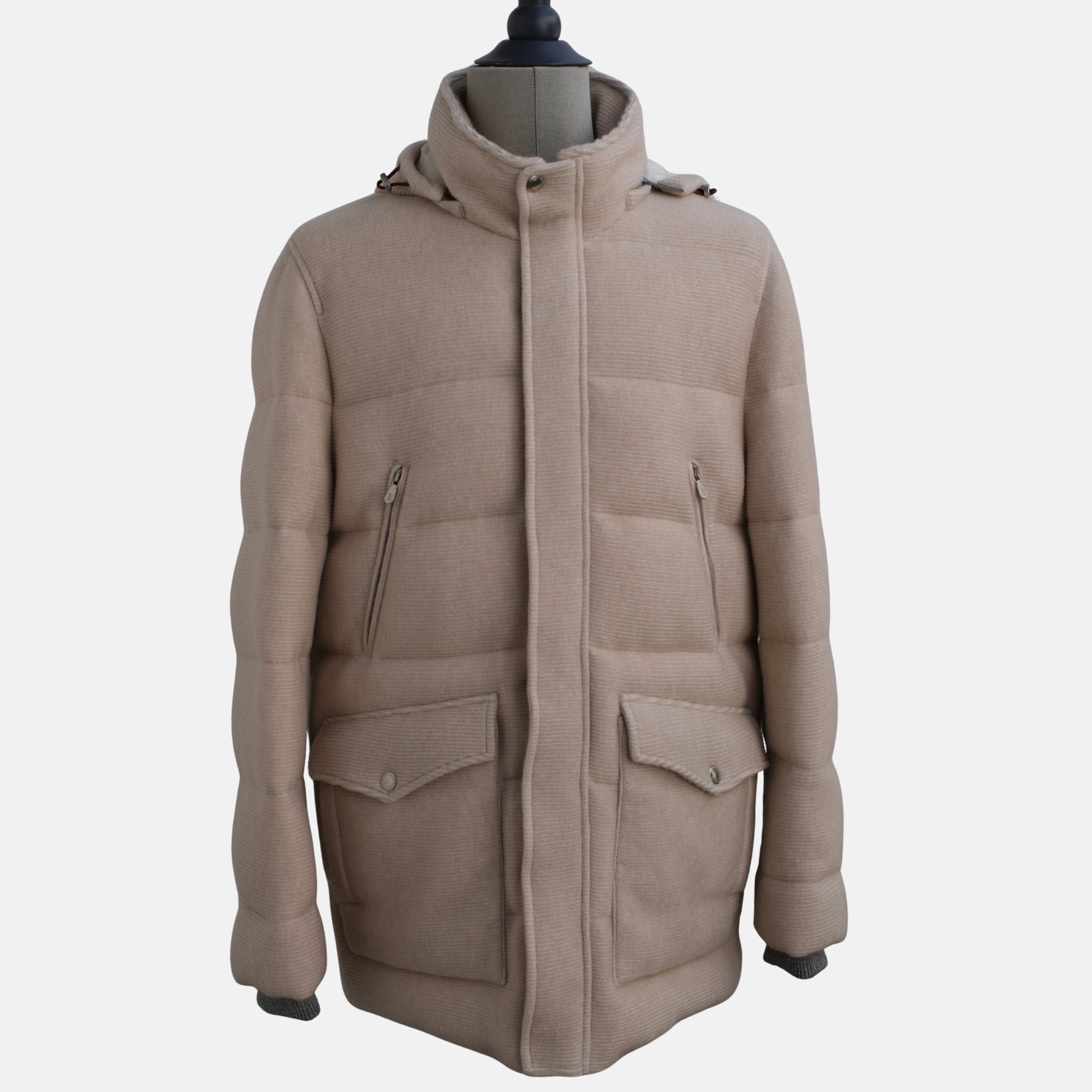 Taupe Down Parka with Detachable Hood made of Cashmere/Suede Details (L)